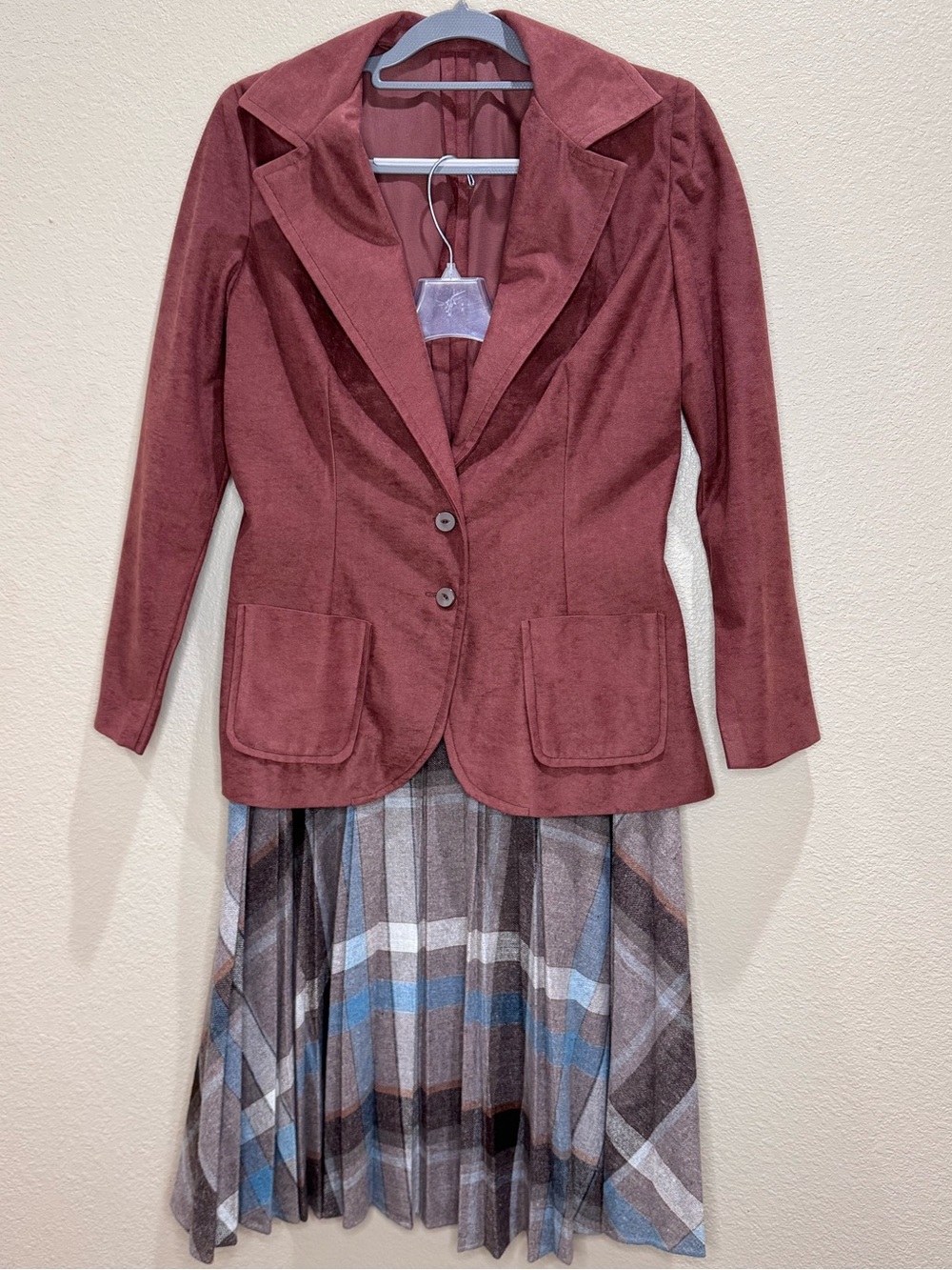 Vintage Handmade Burgundy Blazer & Plaid Pleated Midi Skirt Suit Set